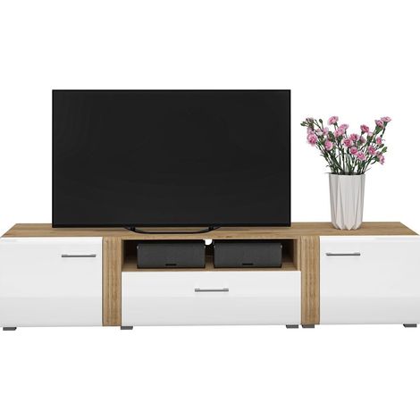 TV Lowboard 210 cm in Eiche Castello Nb. mit weiß Hochglanz AKRON-131 MDF Front mit edler Fräsung, B/H/T: ca. 210/47/42 cm (1/5)