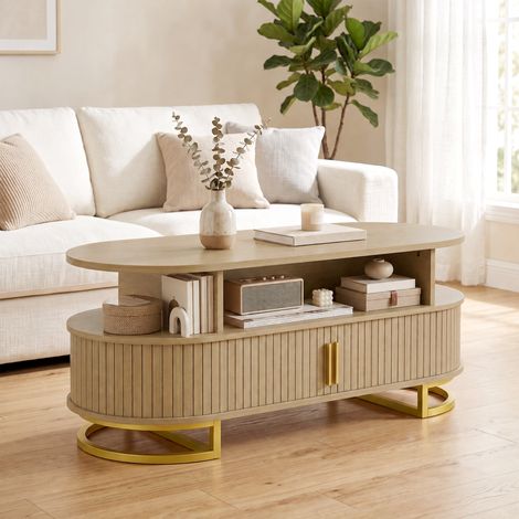 Table Basse Ovale, Table de Salon Moderne avec Portes à Tambour Coulissantes, Rangement Fermé, Étagères Ouvertes, Chêne (1/5)