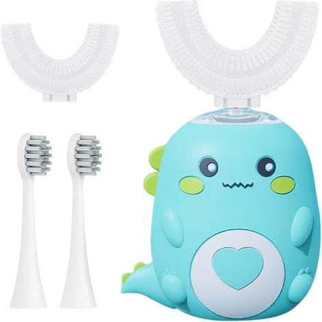 Brosse à Dents Électrique en Forme de U pour Enfants, Brosse à Dents à Ultrasons à 360º avec 2 Têtes U en Silicone et 2 Têtes Souples, Étanchéité IPX7, Design Dinosaure, 2-12 Ans (Vert) (1/5)