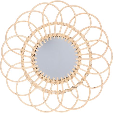 Miroir Mural Suspendu en Rotin Tissé Rond 35 Cm Naturel Décoratif Artistique pour Maison Salon Chambre Décor Bohème (1/5)