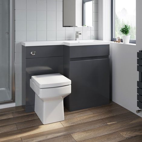 Grey Gloss Bathroom Furniture Vanity Unit Basin Toilet Unit Combination 1100mm Right Hand with Royan Toilet Pan