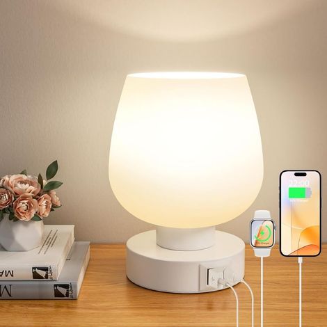 Lampe de chevet tactile ACKERMAN avec ports USB C et USB A, abat-jour en verre blanc, intensité réglable sur 3 niveaux, pour chambre, salon ou bureau, idéale pour petits espaces (1/5)