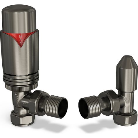 Derry Bold - Pewter Thermostatic Radiator Valve & Lockshield Angled 10mm