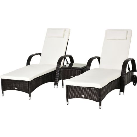Set da Giardino con 2 Sedie a Sdraio con Schienale Reclinabile e Tavolino Basso in Rattan PE, Marrone