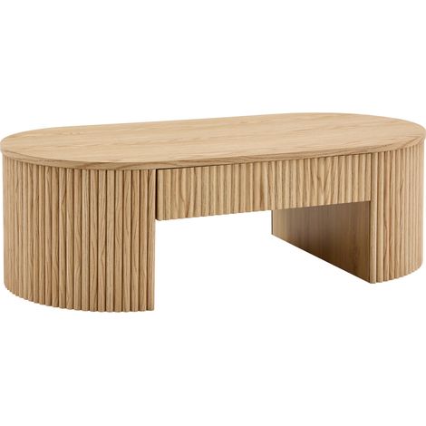 Mesa de centro ovalada efecto roble con cajón, MDF, diseño acanalado (1/5)