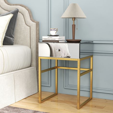 Table de chevet avec structure en métal doré et surface miroir, design moderne et élégant pour chambre (1/5)