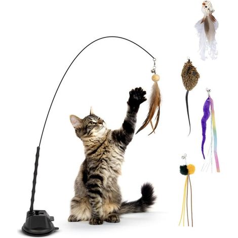 Lollanda Katzenspielzeug-Set, 7-teilig, mit Angelrute, Saugnapf und Federn – Umweltfreundliches Spielzeug für Wohnungskatzen 7 (1/5)