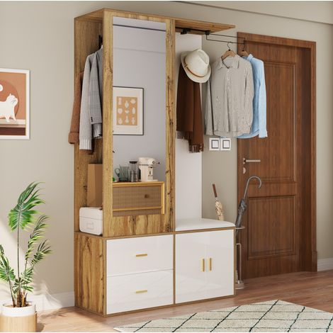 Vestiaire d'entrée 100x38x180 cm blanc et naturel en panneaux de particules avec miroir, banc et rangement chaussures (1/5)