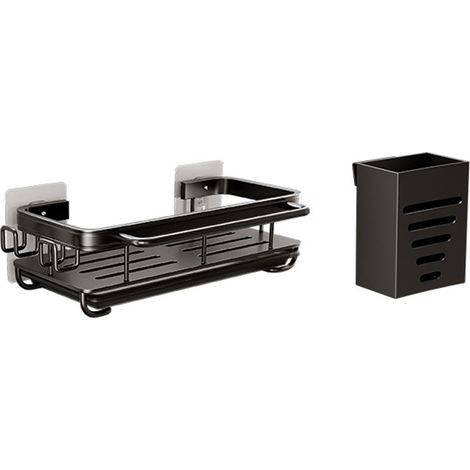 Étagère murale sans perçage pour cuisine, organiseur de torchons et éponges, panier égouttoir d'évier avec porte-baguettes, noir (1/5)