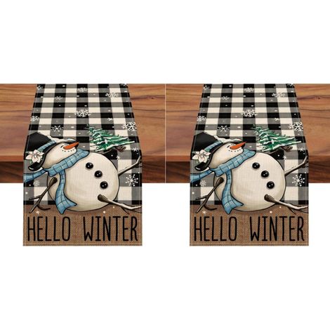 Camino de mesa con diseño de muñeco de nieve, estampado a cuadros blancos y negros, decoración de mesa estilo granja nevada para cocina y comedor (2 piezas) (1/5)