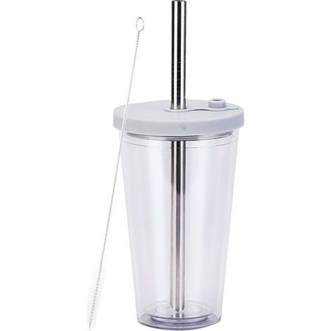 Gobelet transparent de 450 ml à double paroi en plastique avec large ouverture, idéal pour les boissons au thé au lait perlé. Couvercle transparent. (1/5)
