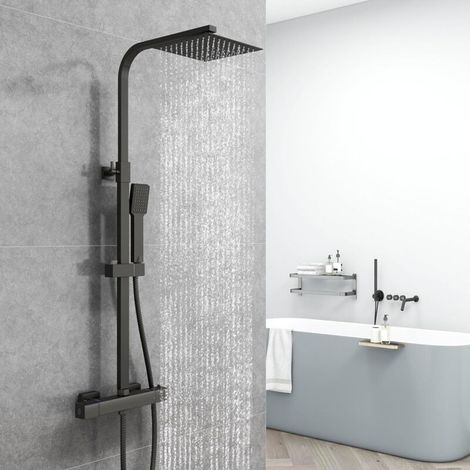 Set di colonna doccia termostatica per bagno, miscelatore doccia termostatico, soffione doccia quadrato, cromato, altezza regolabile 730 mm-1150 mm (quadrato 3, nero) (1/4)