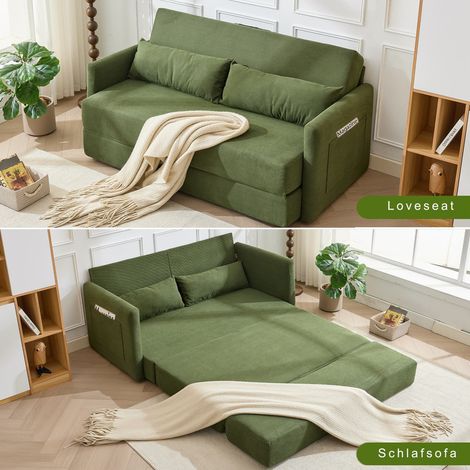 Canapé Convertible 2 places en velours côtelé vert, Canapé d'Angle Moderne ouverture express avec fonction lit 2-en-1, coussins lombaires, rangements latéraux, design compact, montage facile (1/5)