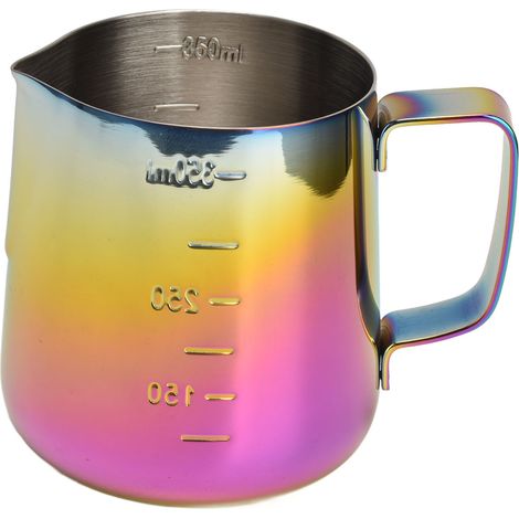 Pichet à lait inox 350ml coloré avec échelle pour mousse à café, idéal pour latte et cappuccino, design à guirlande.
