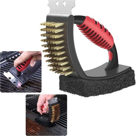 Brosse de nettoyage 3 en 1 pour barbecue, grattoir en acier, éponge à récurer, brosse en fil de cuivre, ensemble de nettoyage robuste pour barbecue avec poignée isolée thermiquement. (1/5)