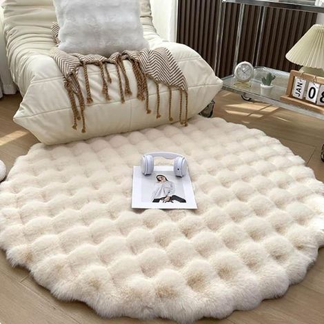 Runder Dekoteppich, 120 cm Durchmesser, Materialmix aus Kunstleder und Langhaar, moderne Dekoration für Wohn- oder Schlafzimmer, Beige (1/5)