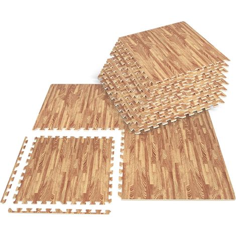 COSTWAY 12 Pezzi Tappeto Puzzle Effetto Legno, Tappetini a Incastro in Schiuma EVA con Bordi Perimetrali, Tappeto Protettivo Spesso per Palestra Casa Stanza Giochi, 61x61 cm, 4,5 M²