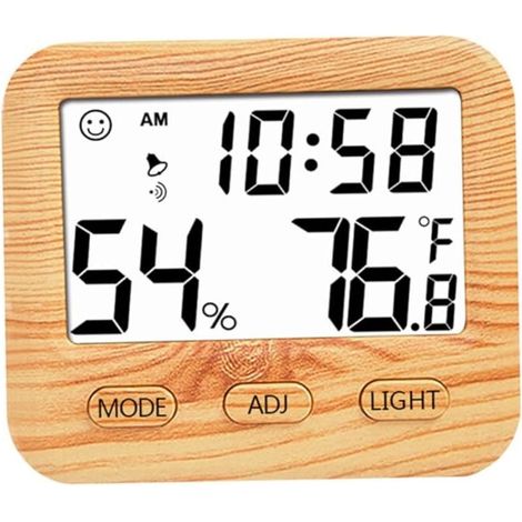Thermomètre-hygromètre numérique pour usage intérieur, appareil en bois avec horloge de table pour chambre et bureau. (1/4)
