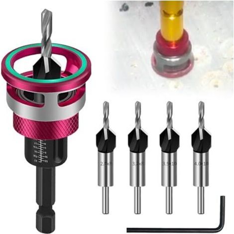 Set of 6 countersink bits, wood countersink bits with depth stop, 6.35 mm (1/4") hexagonal shank, HSS-M2 high-speed steel, precision drilling for woodworking (1/5)