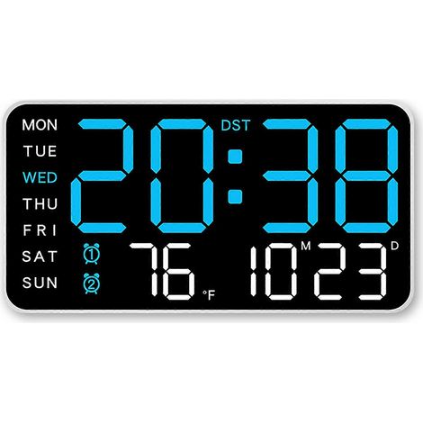Horloge murale numérique sans cadre, alimentée par USB, à commande vocale, grand écran, double alarme, idéale pour les bureaux à domicile et les décors modernes, rétroéclairage blanc et bleu. (1/5)
