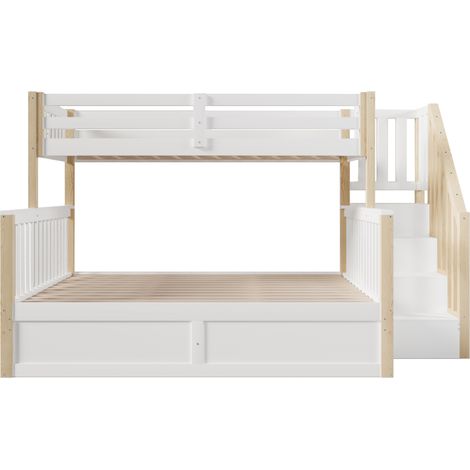 Litera infantil 90x200 cm + 140x200 cm con almacenaje, madera blanca y natural (1/5)