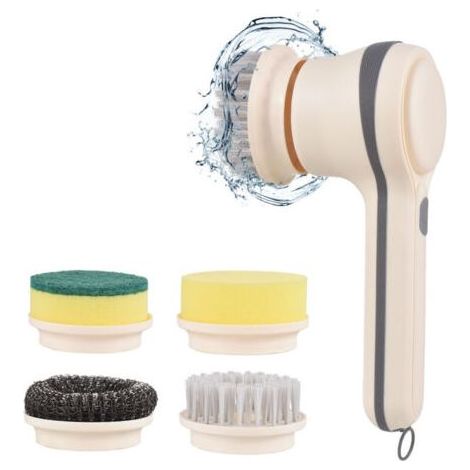 Brosse de nettoyage multifonctionnelle électrique à 4 têtes, brosse en nylon/fil/éponge, sans fil, portable, pour cuisine, salle de bain, mur, fenêtre, carrelage, sol, baignoire, voiture (1/4)