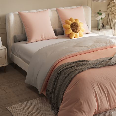 Parure de lit 160x200 cm 4 pièces, Ensemble de literie 2 personnes avec 1 drap-housse, 1 housse et 2 taies d'oreiller, Tissu en polyester, Rose + Gris clair (1/5)