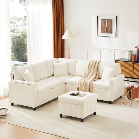 Canapé d’angle convertible en chenille avec pouf, lampe de lecture, usb et type-c, beige (1/5)