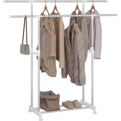 Woltu – Porte-vêtements extensible en métal – Double tringle réglable – Dimensions (75,5–151,5) x (94–171) x 42 cm – 4 roulettes dont 2 verrouillables (1/5)