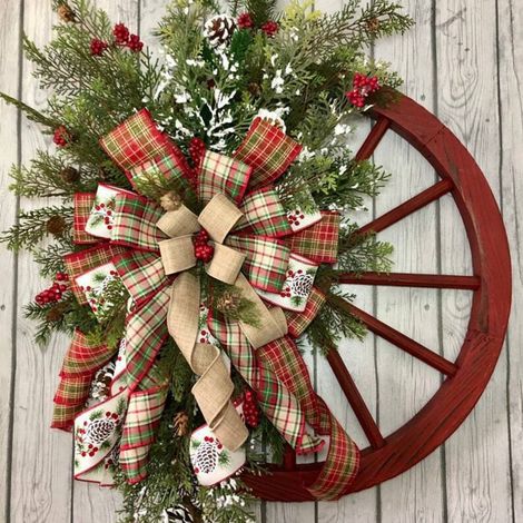 Roue De Charrette Rouge - Couronne Décorative Pour Porte D'Entrée - Style Rustique Ferme - 40x40 cm - 1 Pièce (1/5)
