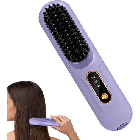 Brosse lissante sans fil 2 en 1 – Brosse chauffante électrique pour lisser et coiffer les cheveux – Appareil rechargeable portable pour maison voyage et salon – Violet (1/5)