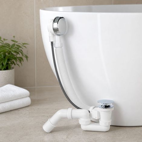 Siphon de vidange pour baignoire avec trop-plein, flexible 65cm, laiton chromé doré, bonde à clapet rotatif étanche, diamètre 48-60mm (1/5)