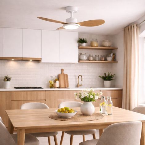Ventilateur de plafond lumineux blanc mat et façon bois RIGA II XS (1/3)