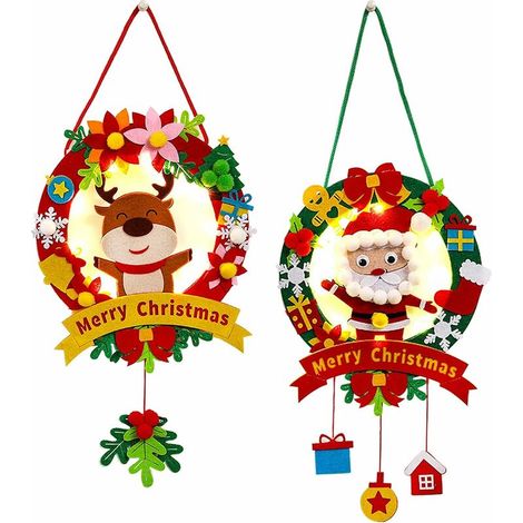2 Pièces Feutre Noël Couronne,Couronne De Noel avec Lumières,Suspendre Guirlande De Noël en Feutre,Bricolage Noel Enfant,Couronne De Noel DIY Kit Décoration De Fête,pour Murales Fenêtre Porte (1/5)
