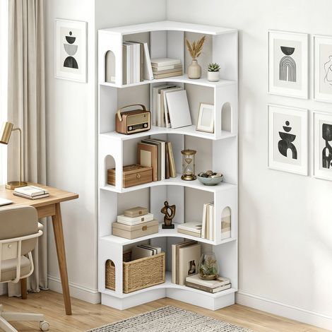 Bibliothèque d'angle, étagère de rangement à 6 niveaux avec panneaux latéraux arqués, 60 x 60 x 165,5 cm, blanc (1/5)