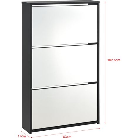Zapatero de diseño mueble de almacenamiento con 3 compartimentos para 9 pares frente de espejo tablero de partículas de melamina 102,5 x 63 x 17 cm negro 030005166