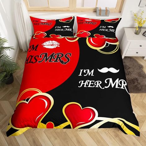 Mr Mrs Parure de Lit 140x200cm His and Her Parure Housse de Couette pour Couple Amoureux Hommes Femmes Rouge Noir Creative Funny Quotes Housse de Couette Romantique Mariage Décoration de Chambre - 140 (1/5)