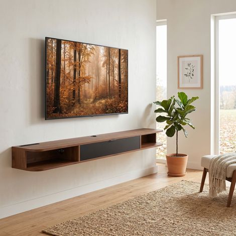 Meuble TV Suspendu, Meuble Télé pour Téléviseur jusqu'à 75 Pouces, Tiroir Rabattable, 2 Étagères, 180x24x16cm, Noyer (1/5)