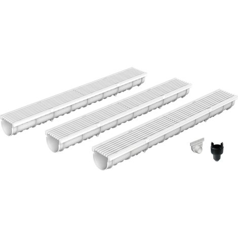 MEA – Caniveau d'évacuation extérieur pack de 3 – Grille en plastique recyclé gris – Largeur utile 10 cm – Résistant jusqu'à 15kN – Installation rapide
