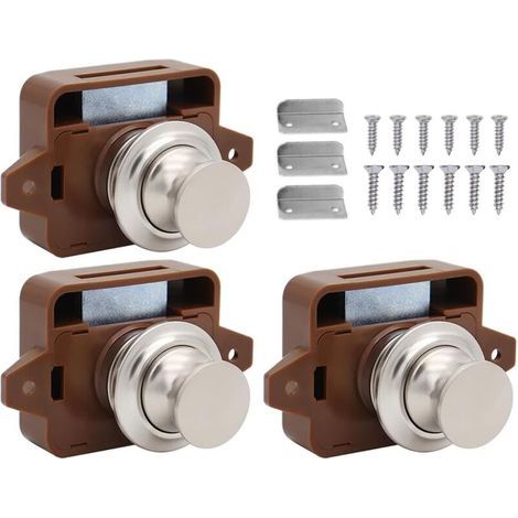 Set di 3 chiusure a pulsante, chiusura a pulsante senza chiave, pulsante per camper, furgoni, roulotte, yacht, cassetti e ante (marrone) (1/5)