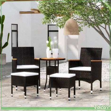 Salon de jardin 5 pcs - Mod. 3058476 - Résine tressée noir - Table ronde acacia 60 cm - Coussins crème rembourrés (1/5)