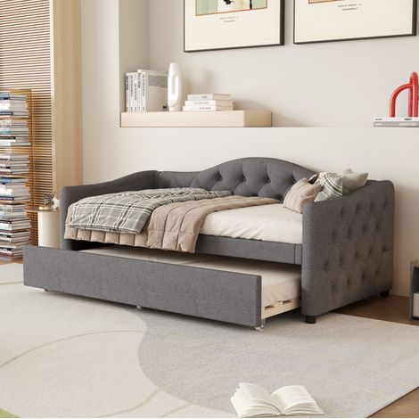 Letto da giorno 90x200 cm grigio in lino e MDF con letto estraibile (1/5)