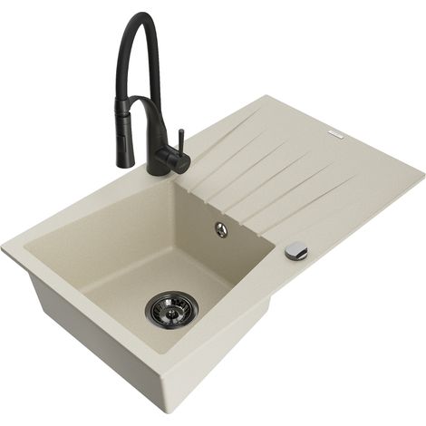 Mexen Cesar évier en granit 1 coffre avec égouttoir et robinet de cuisine Aster, beige - 6514-69-73450-70-B (1/5)