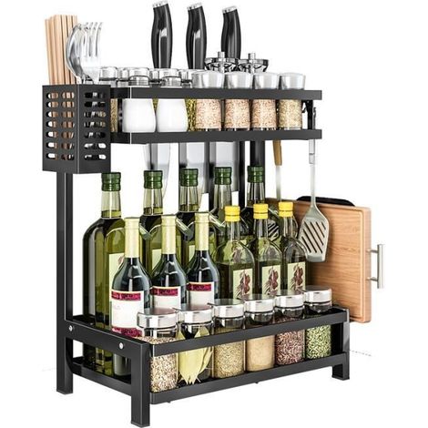Étagère à Épices avec 2 Niveaux Rangement Épices Cuisine pour Comptoir de Cuisine en Acier Inoxydable,(32.5x20x40cm,Noir) (1/4)