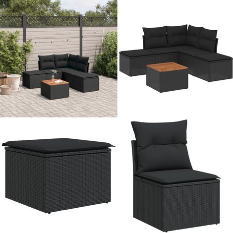 6-tlg. Garten-Sofagarnitur mit Kissen Schwarz Poly Rattan - Gartenmöbel Set - Esszimmergarnitur Outdoor - Lounge Möbel - Rattan Gartenset - Balkonmöbel - Home & Living (1/5)