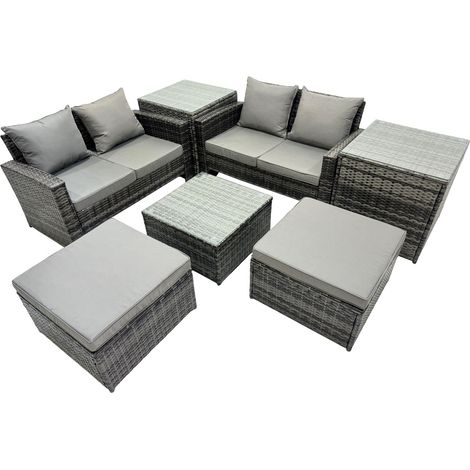 Fimous PE Rattan Garden Furniture Set Lounge Double Seat Sofa Coffee Table Set with 2 Side Tables 2 Big Stools Dark Grey Mixed (1/5)