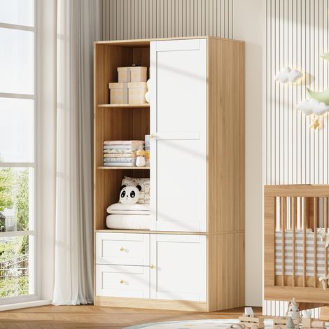 Armoire penderie coulissante avec 2 tiroirs, tringle et rangement ouvert, meuble compact 90 x 50 x 180 cm en MDF blanc et bois clair pour chambre - CHICFURN (1/5)