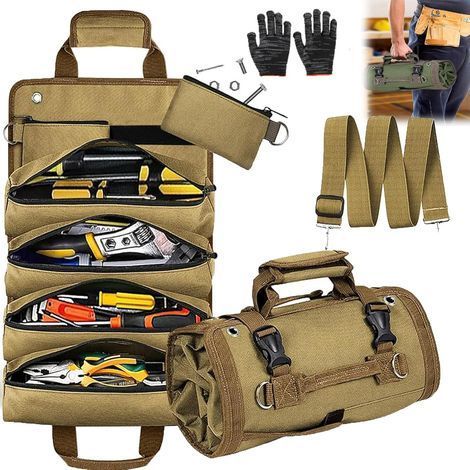 Sac de rangement pour outils, organiseur robuste enroulable avec pochettes amovibles, sac de rangement pliable et portable pour mécanicien et bricoleur, vert,Brown (1/5)