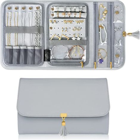 Pochette à bijoux pliable, organisateur de bijoux de voyage portable, organisateur de bagues, boucles d'oreilles et autres bijoux à plusieurs compartiments (1/5)