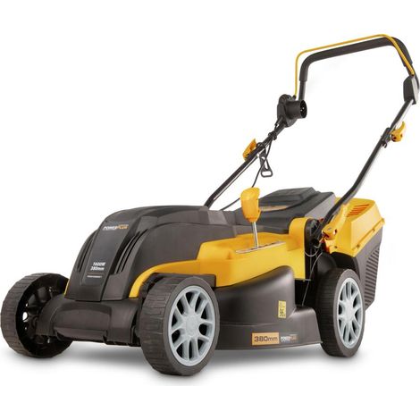 Tondeuse électrique 1600 W – Largeur de coupe 380 mm – Bac de ramassage 40 L – Hauteur de coupe réglable 25-75 mm – Paillage et éjection arrière – Powerplus